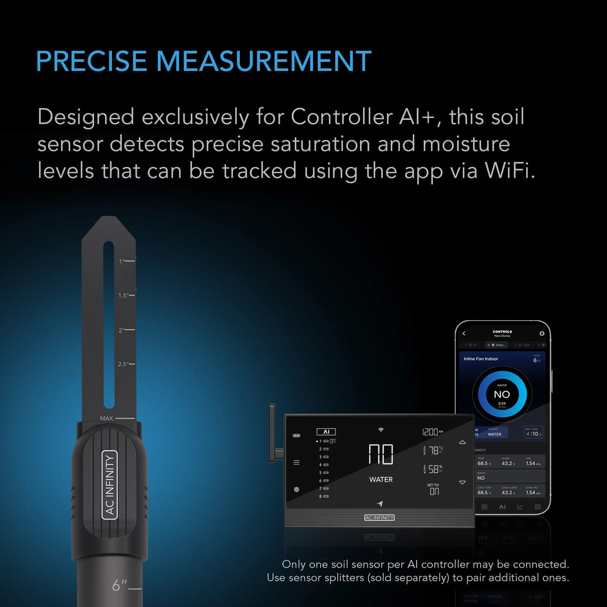 AC Infinity Soil sensor with smartphone app on a dark background