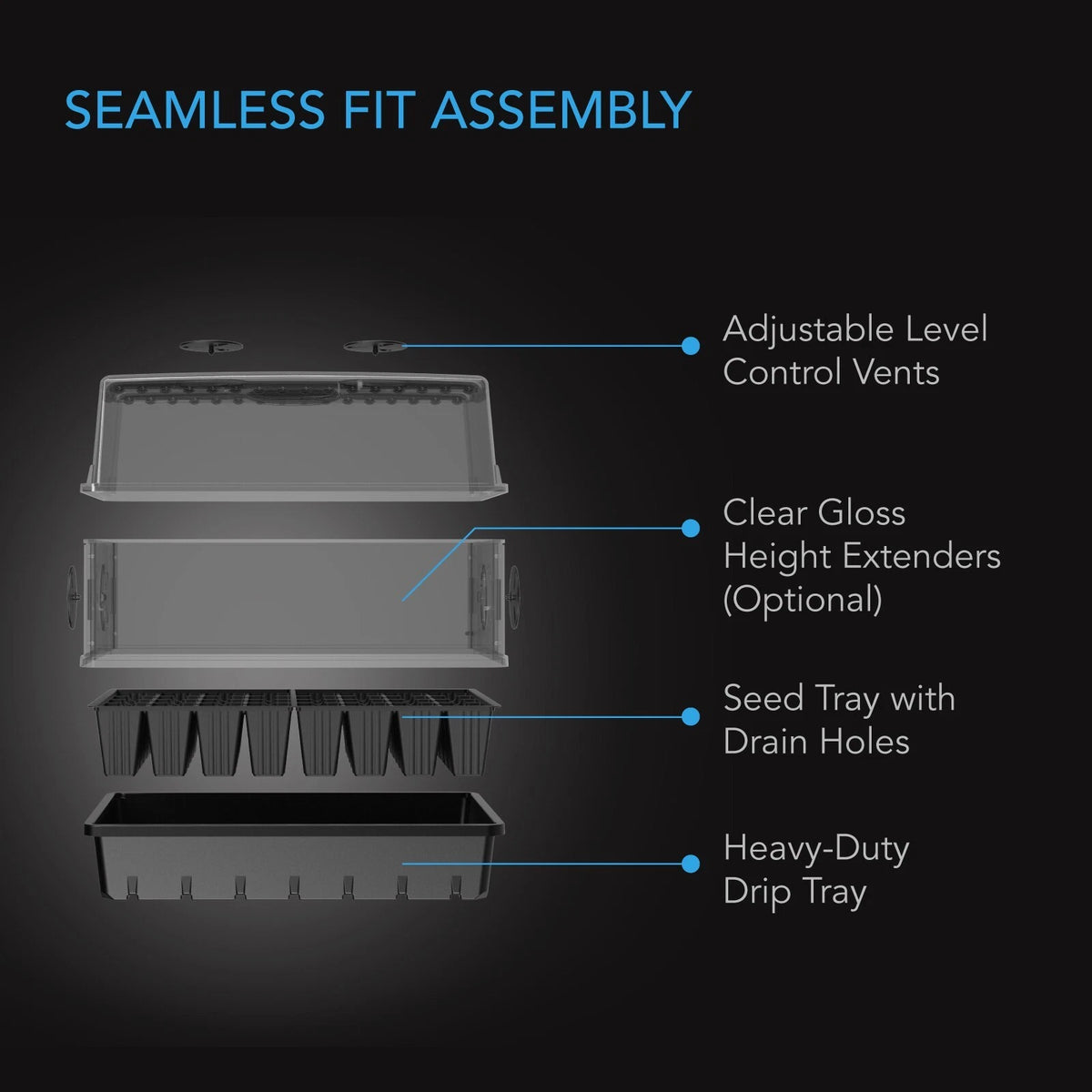 Diagram of a seed starting tray assembly with labeled parts on a black background