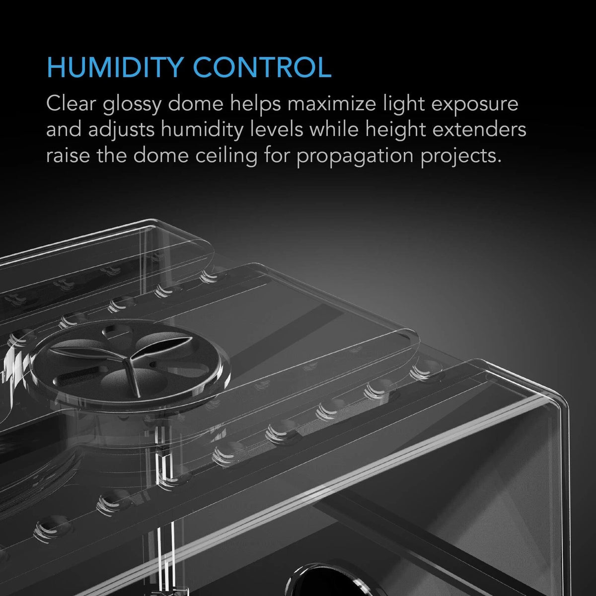 Humidity control system with text explaining its functions on a dark background