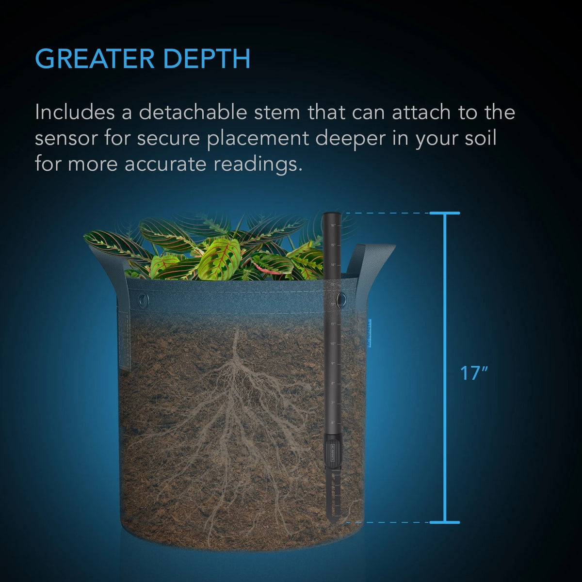 Illustration of a soil sensor with a detachable stem for deeper placement, showing roots and plant leaves.