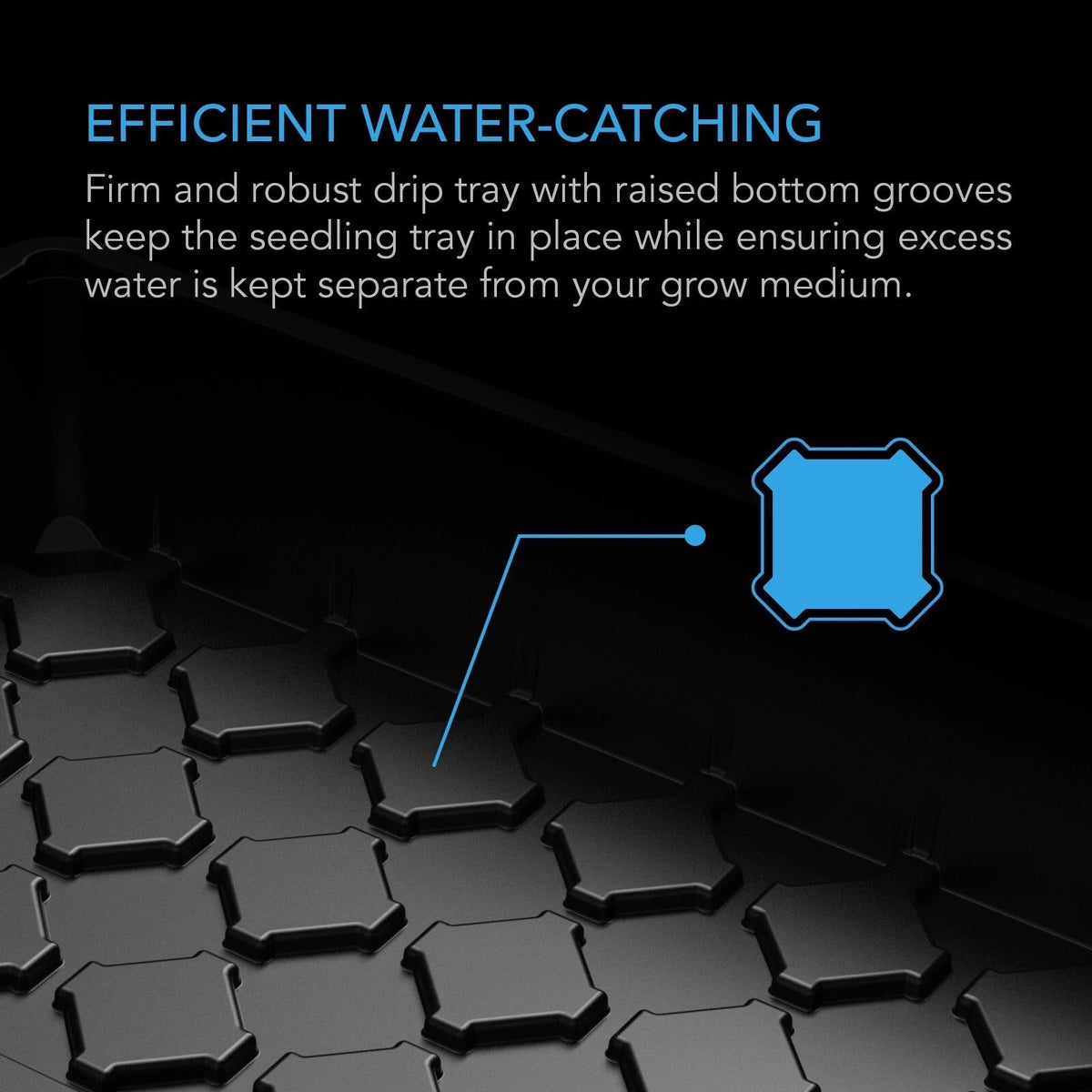 Hexagonal water-catching tray with text on a dark background