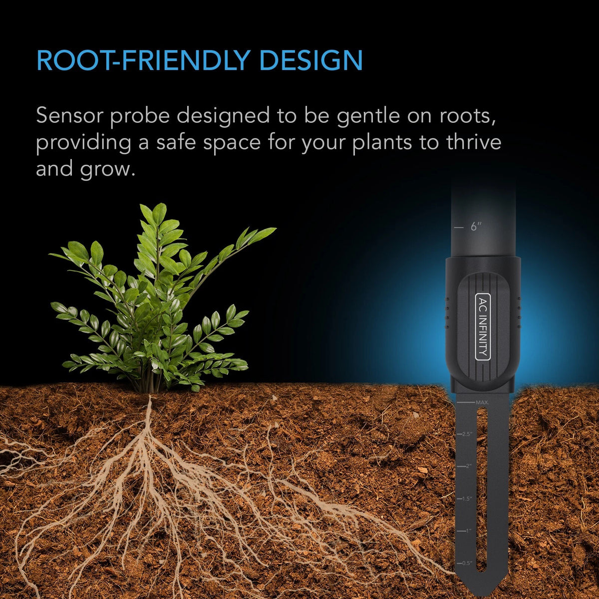 Moisture sensor probe designed for plant care with roots and soil visible on a dark background