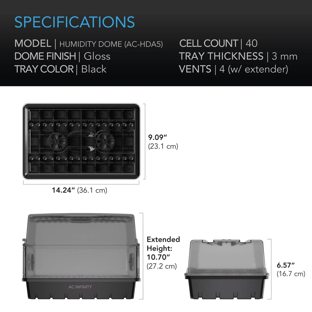 Humidity dome specifications with dimensions and features on a gray background