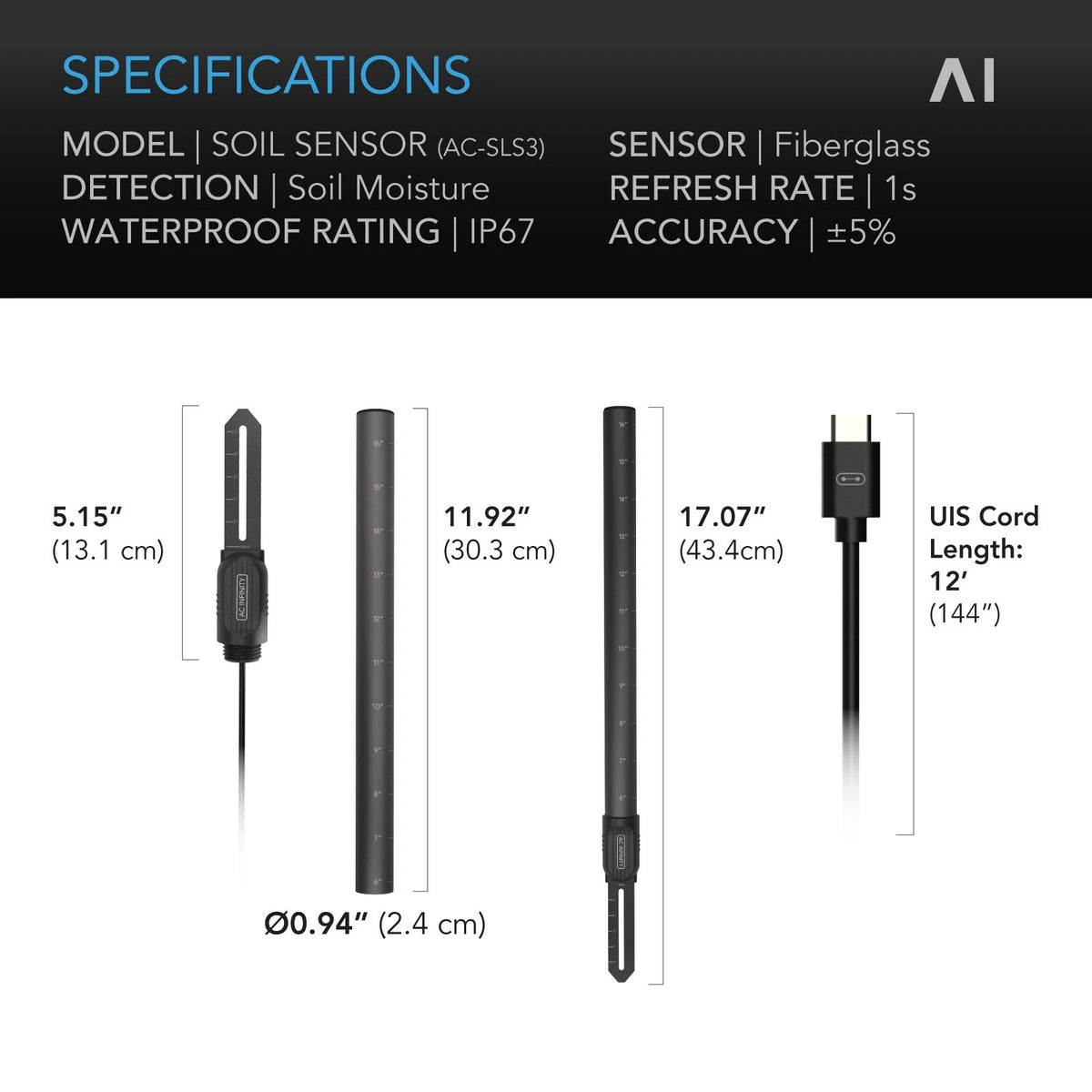 Technical specifications and dimensions of a soil moisture sensor with labeled features.