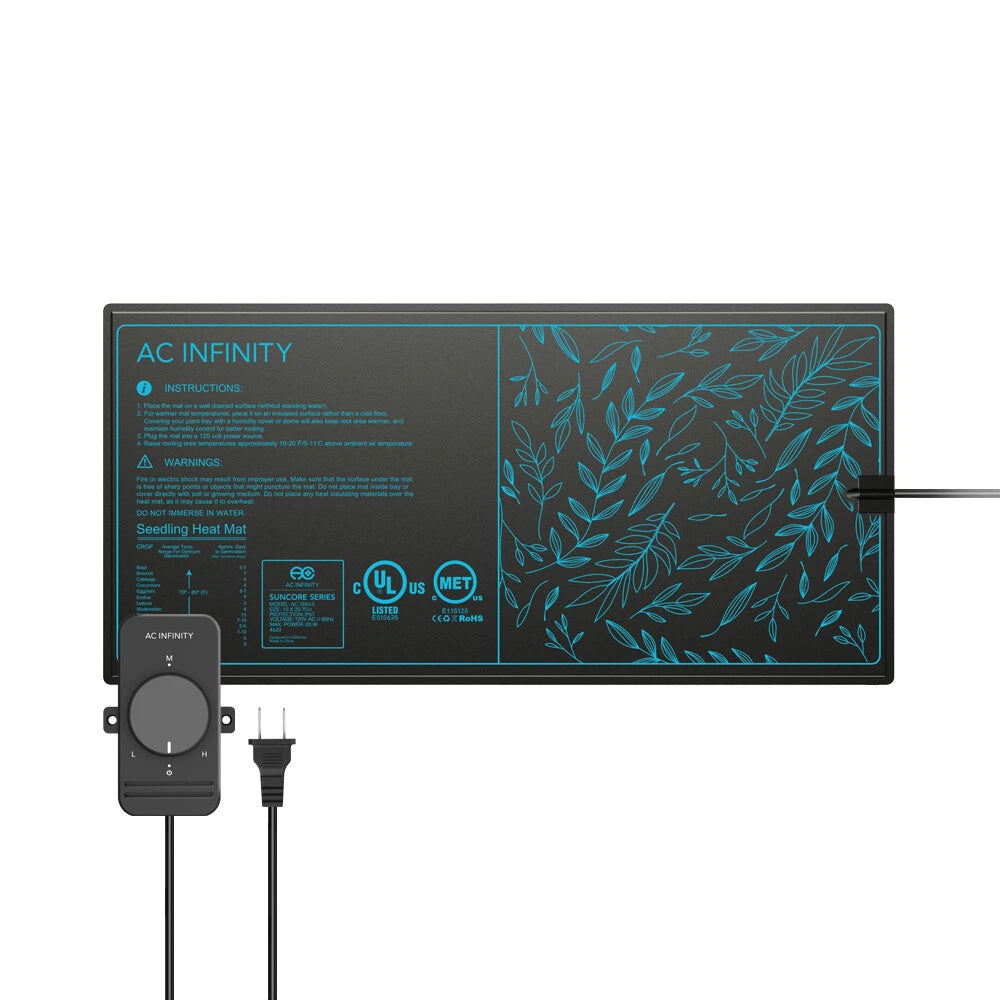 Black Suncore S3 seedling heat mat with green text and leaf pattern on a white background
