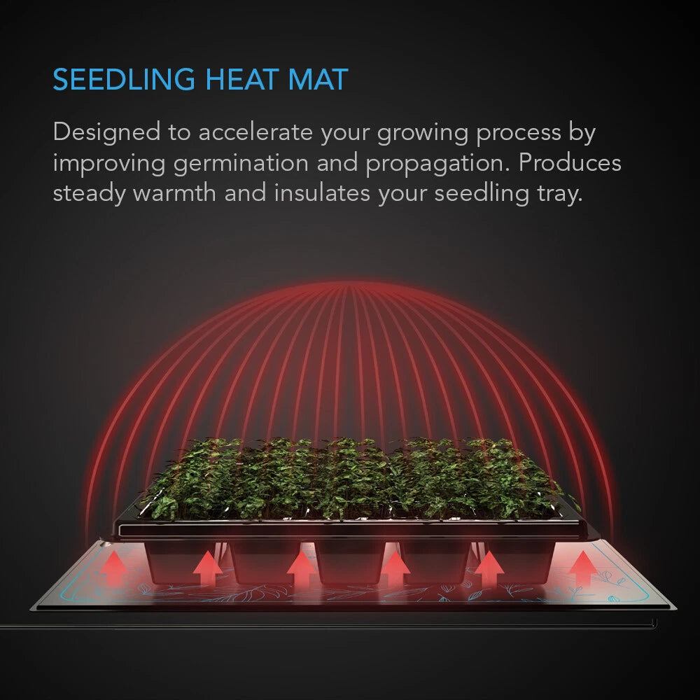 A seedling heat mat shown on a dark background with text explaining its function. The product consists of a glass tray containing small green seedlings, with red glowing arcs and arrows indicating heat radiation upward and outward to protect the plants during germination.