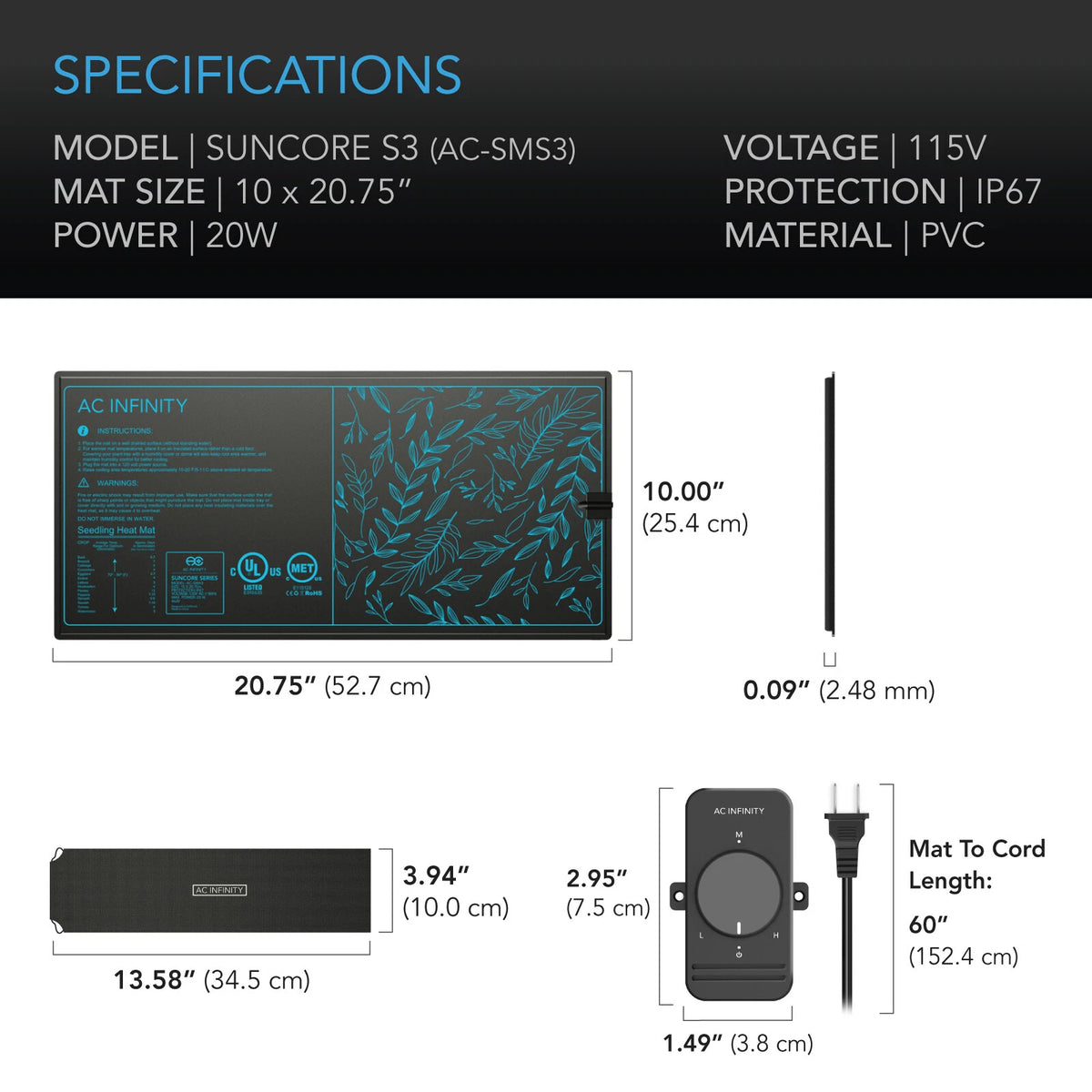 Product specifications for Suncore S3 seedling heat mat with dimensions and features.