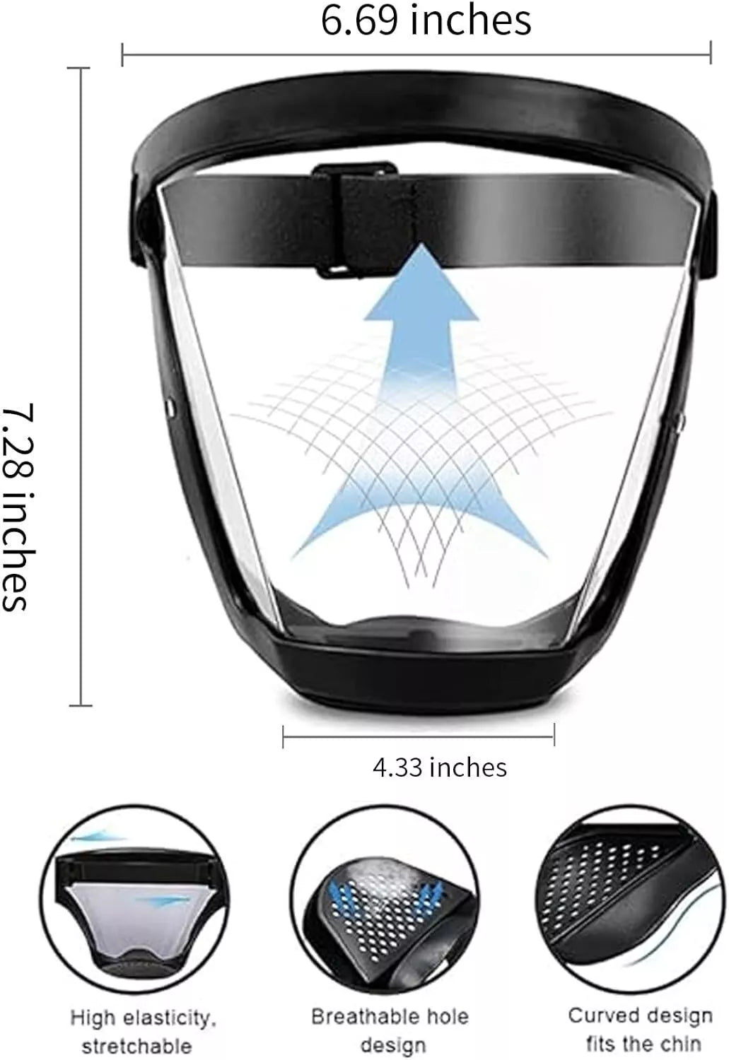 anti-fog face shield dimensions and features, high elasticity, stretchable, breathable hold design, curved design to fit chin