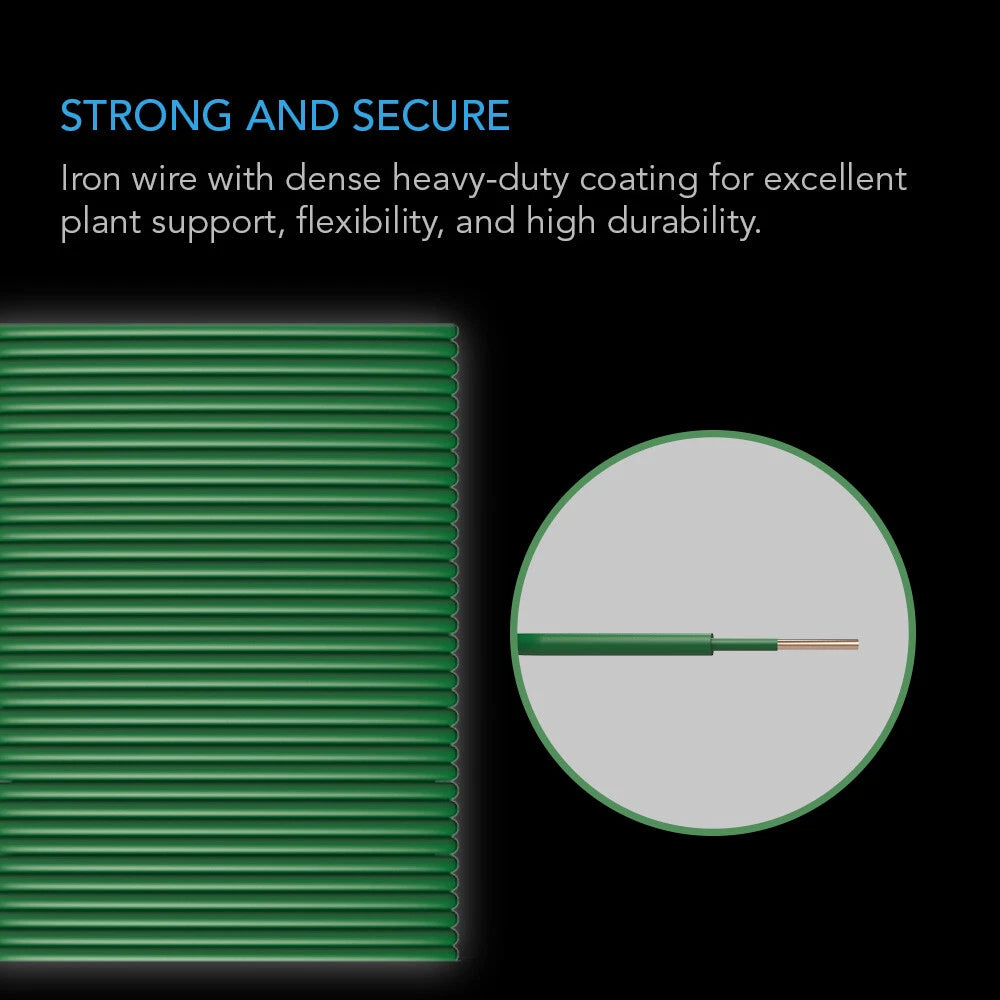Promotional graphic for green iron plant tie wire showing a close-up of tightly coiled green wire on the left and a circular inset on the right highlighting the wire's core and coating, with text reading 'STRONG AND SECURE' and a descriptive copy about heavy-duty coating.