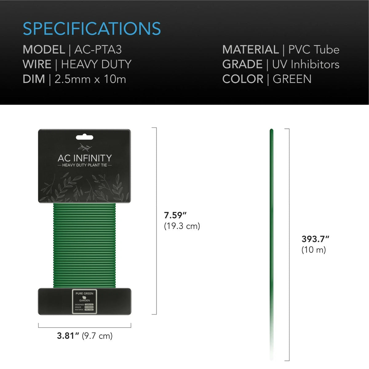Green heavy duty plant tie wire with packaging and dimensions on a white background