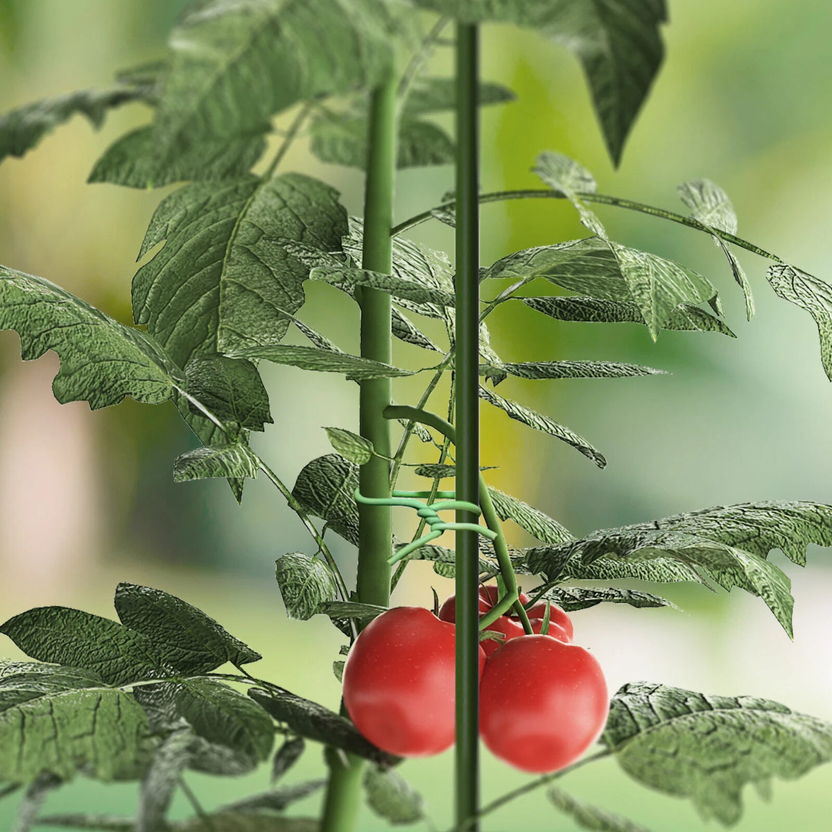 Tomato plant with red tomatoes held by green plant tie wire on stake with green leaves on a blurred green background