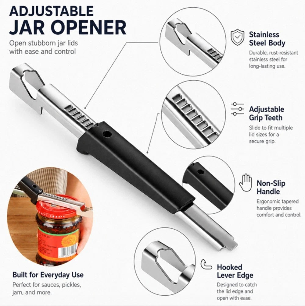 Adjustable jar opener with features highlighted on a white background