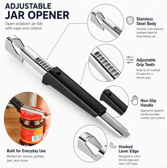 Adjustable jar opener with features highlighted on a white background