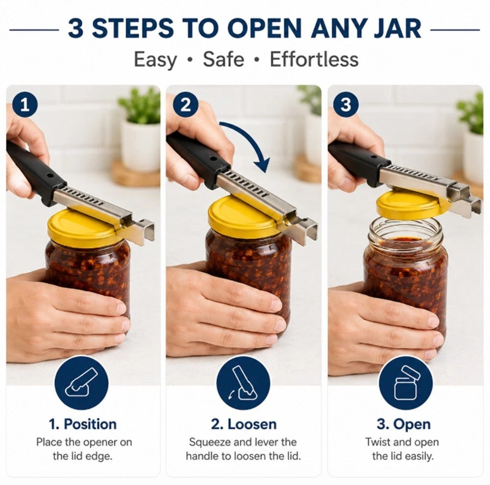 Three-step process of using a jar opener to open a jar with a yellow lid.