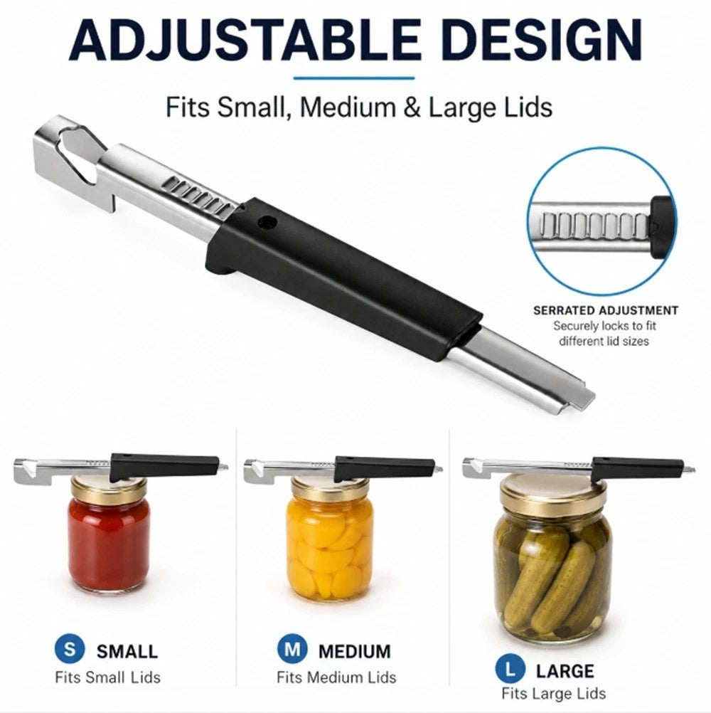 Adjustable canning tool jar opener with jars of food on a white background