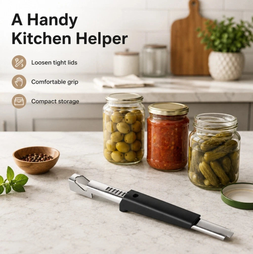 Jar opener on a kitchen counter with jars of food and a plant in the background.