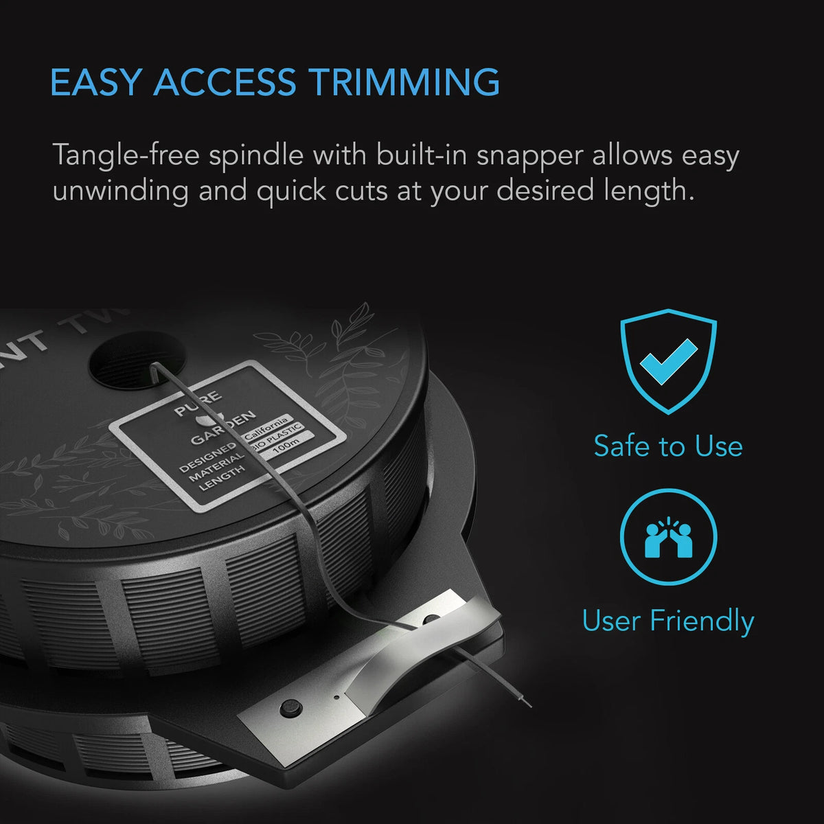 Spool of black plant ties with text about easy access trimming on a dark background