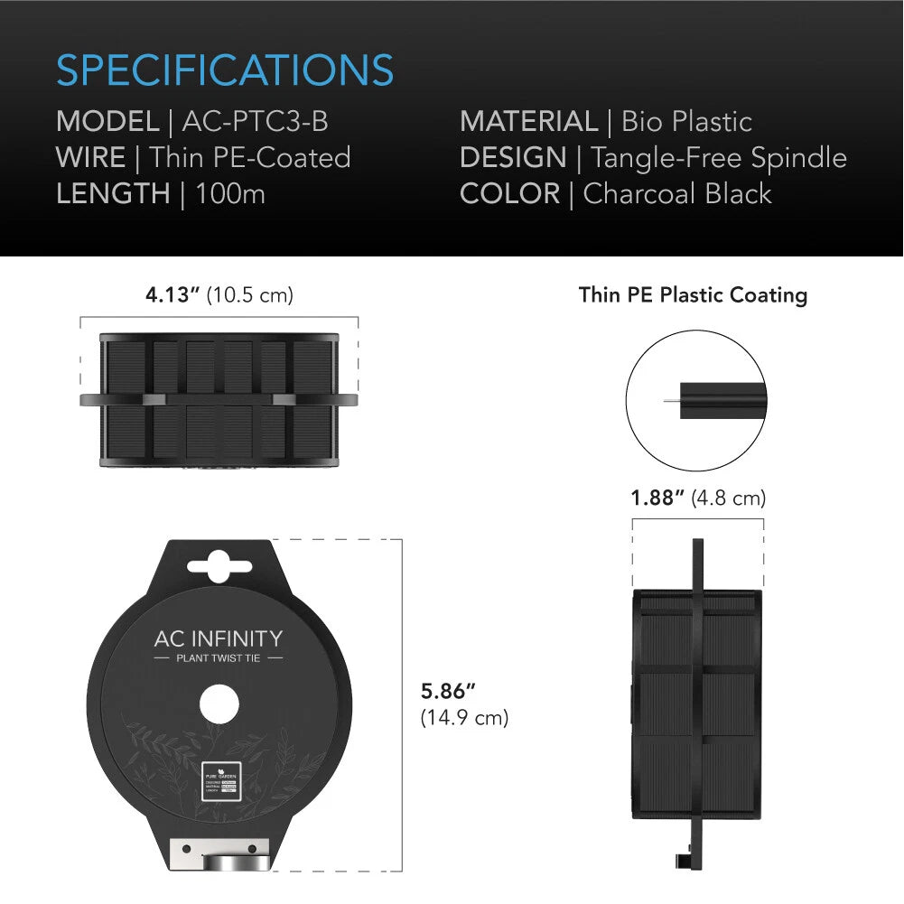 Product specifications for a plant twist tie with bio plastic coating on a white background.