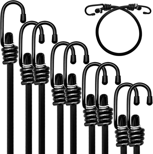 A set of black heavy duty marine grade bungee cord tie down straps with steel hooks, displayed in various lengths.