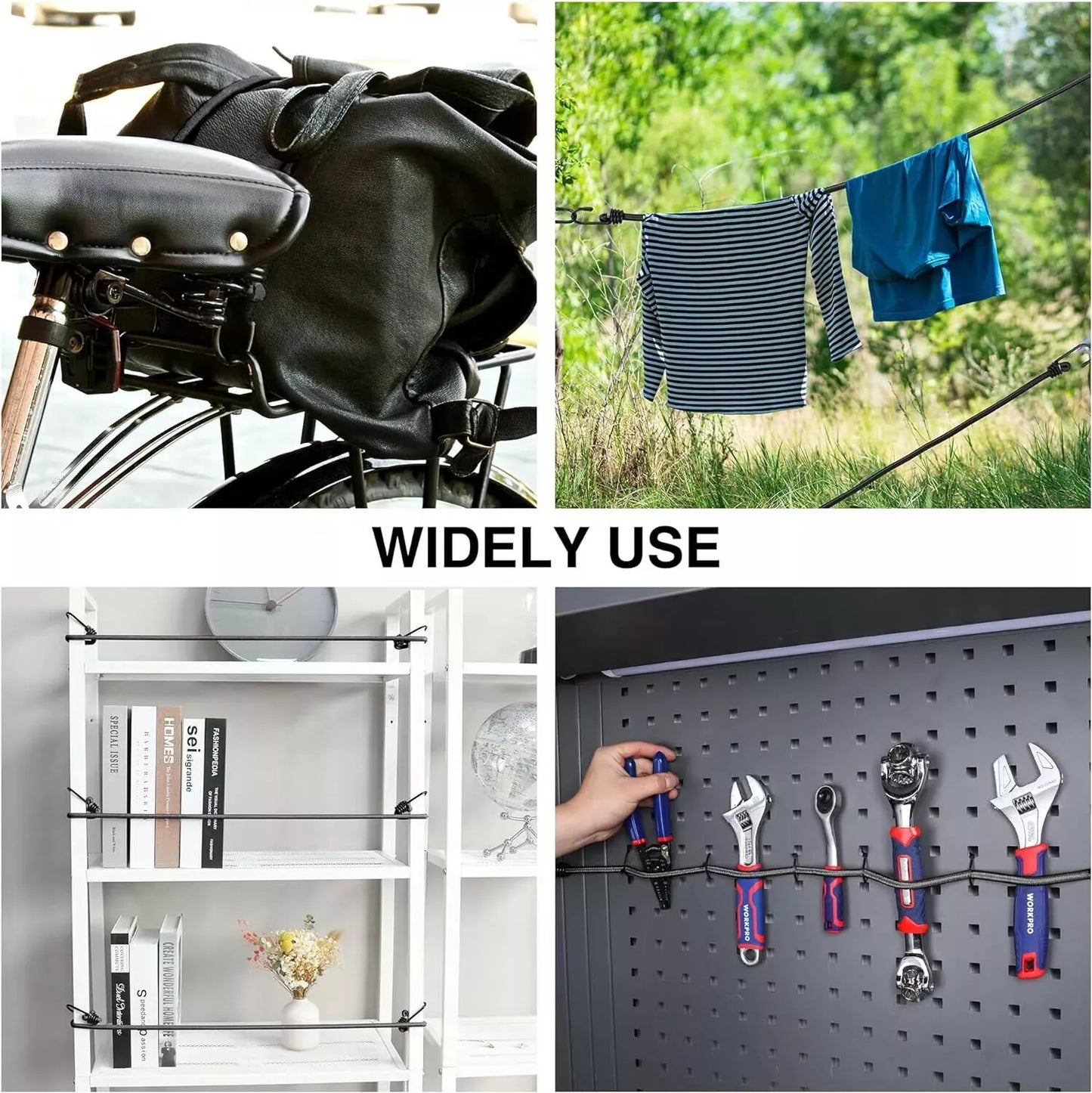 Collage of bungee cord uses, bike saddle bag, clothesline, shelf with books, and pegboard with tools.