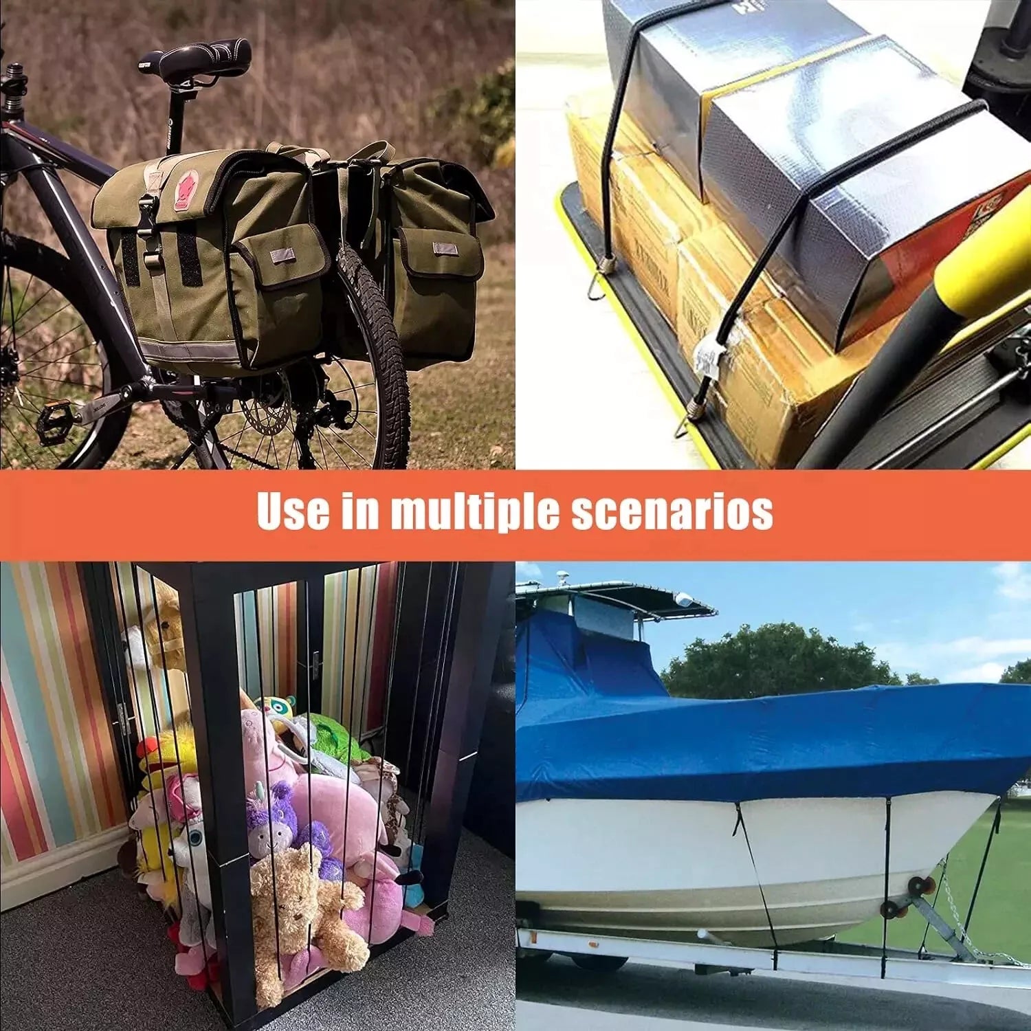 Collage of bungee cords used with bike bag, car roof rack, pet cage, and boat cover with text 'Use in multiple scenarios'.