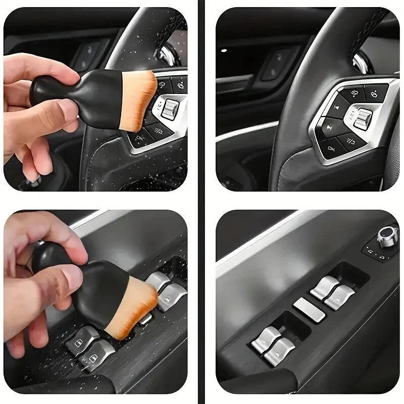 Car interior cleaning tool being used on car controls