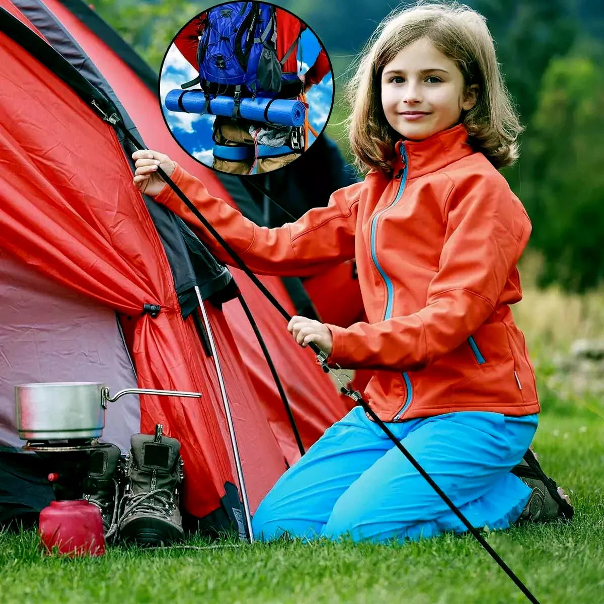 Child in orange and blue outdoor clothing setting up a tent with a close-up of bungee cords being used to hold down the tent.