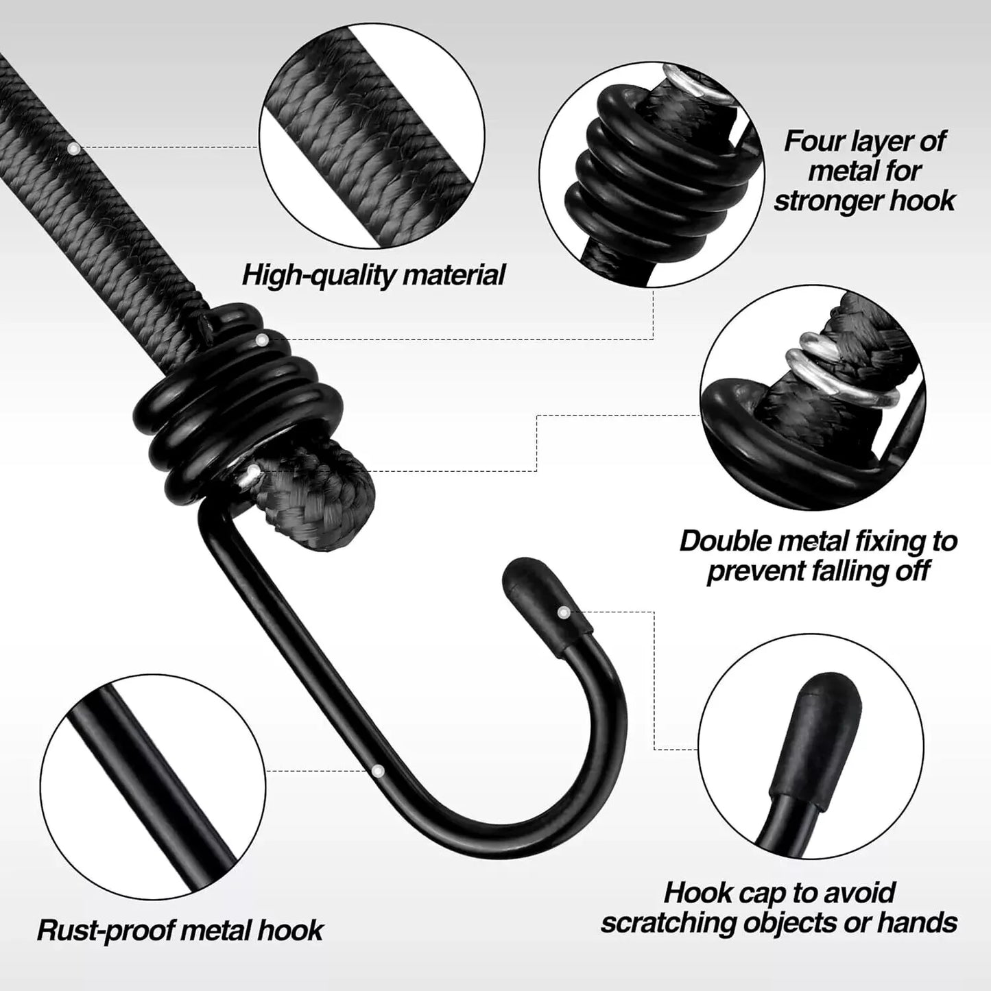 marine grade bungee cord features, Rust-proof metal hook with high-quality material and double metal fixing, four layers of hook metal for stronger hooks, & hook caps to avoid scratches. 