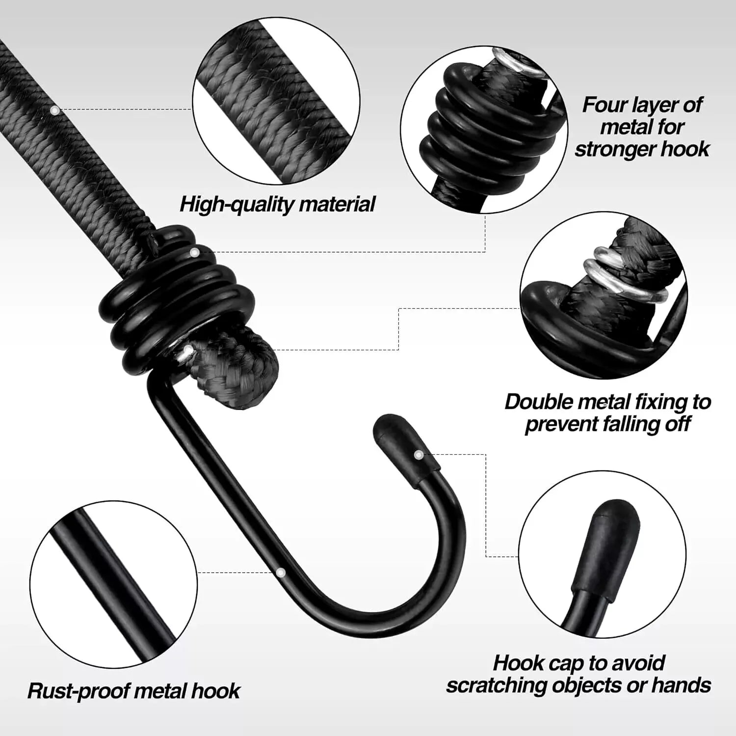 marine grade bungee cord features, Rust-proof metal hook with high-quality material and double metal fixing, four layers of hook metal for stronger hooks, & hook caps to avoid scratches. 