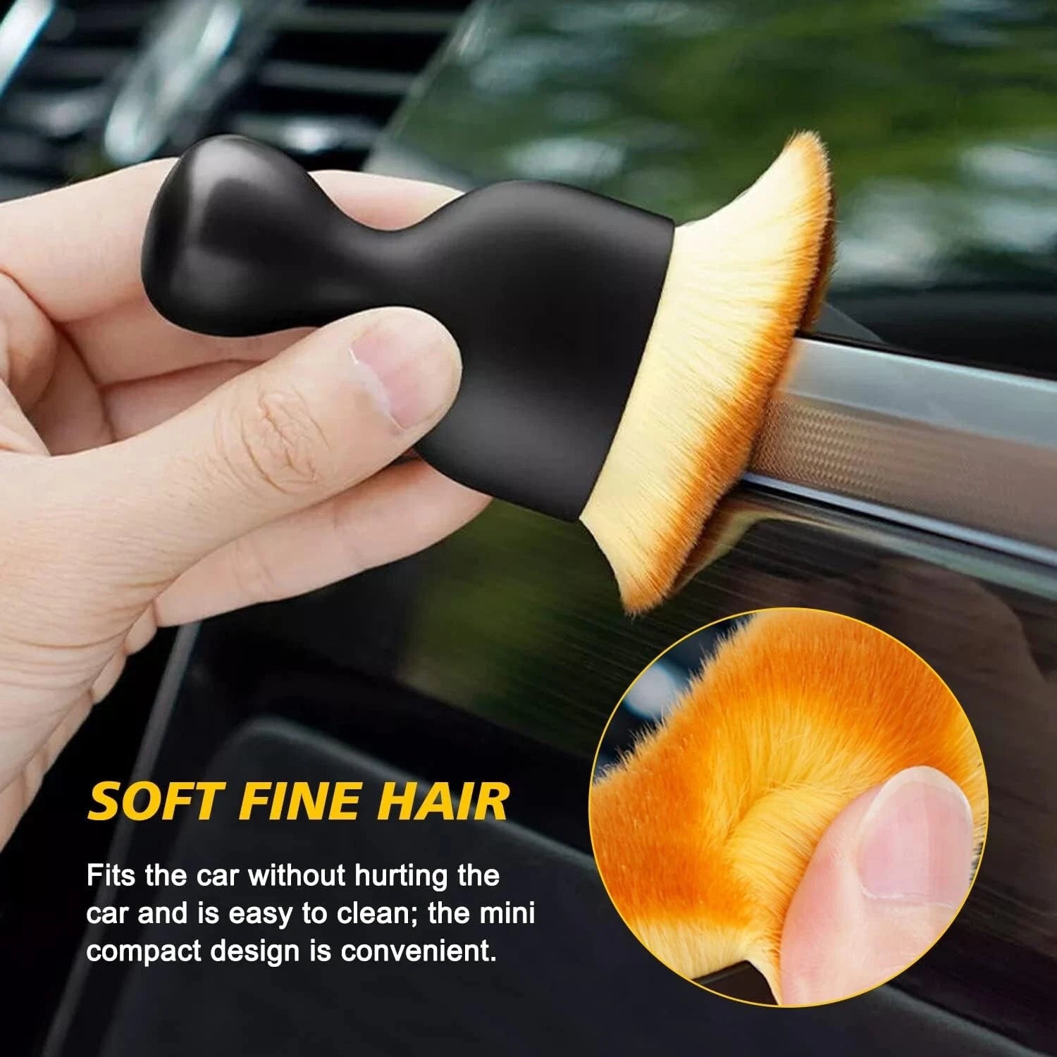dusting car interior with soft fine hair, compact auto detail brush