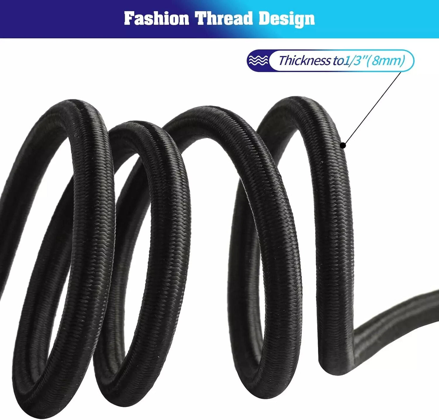 Black coiled marine grade bungee cord thread with 8mm thickness measurement detail