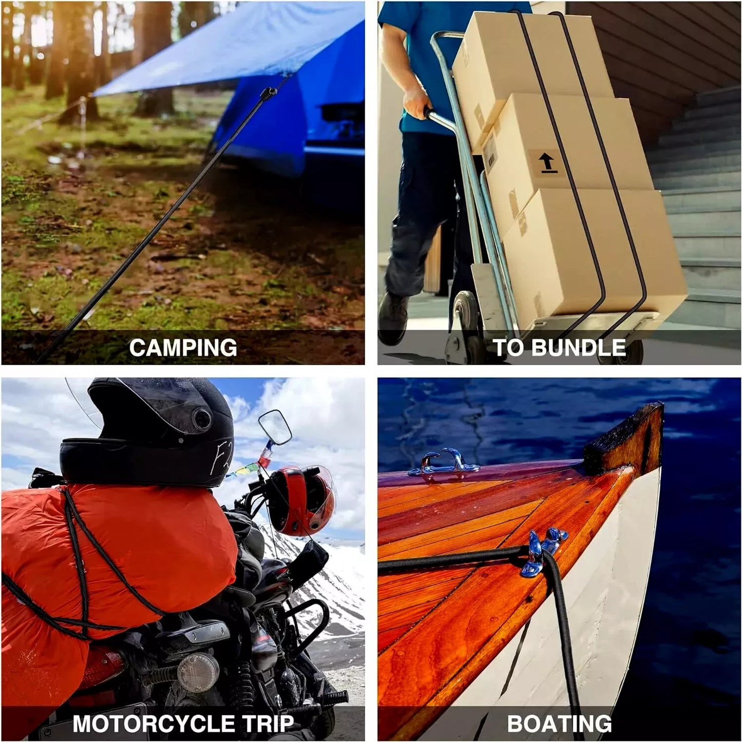 Collage of a marine grade bungee cords being used for camping, bundling, motorcycle trip, and boating.