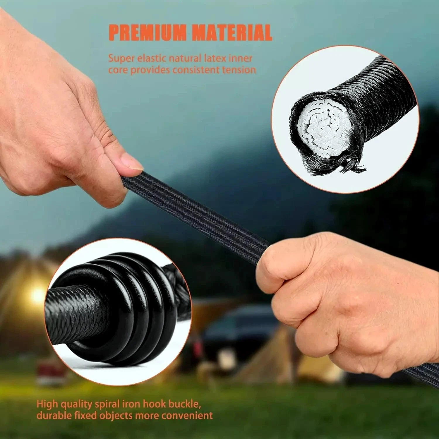Hands holding a black marine grade bungee cord with detailed views of the inner latex material and iron hook buckle.