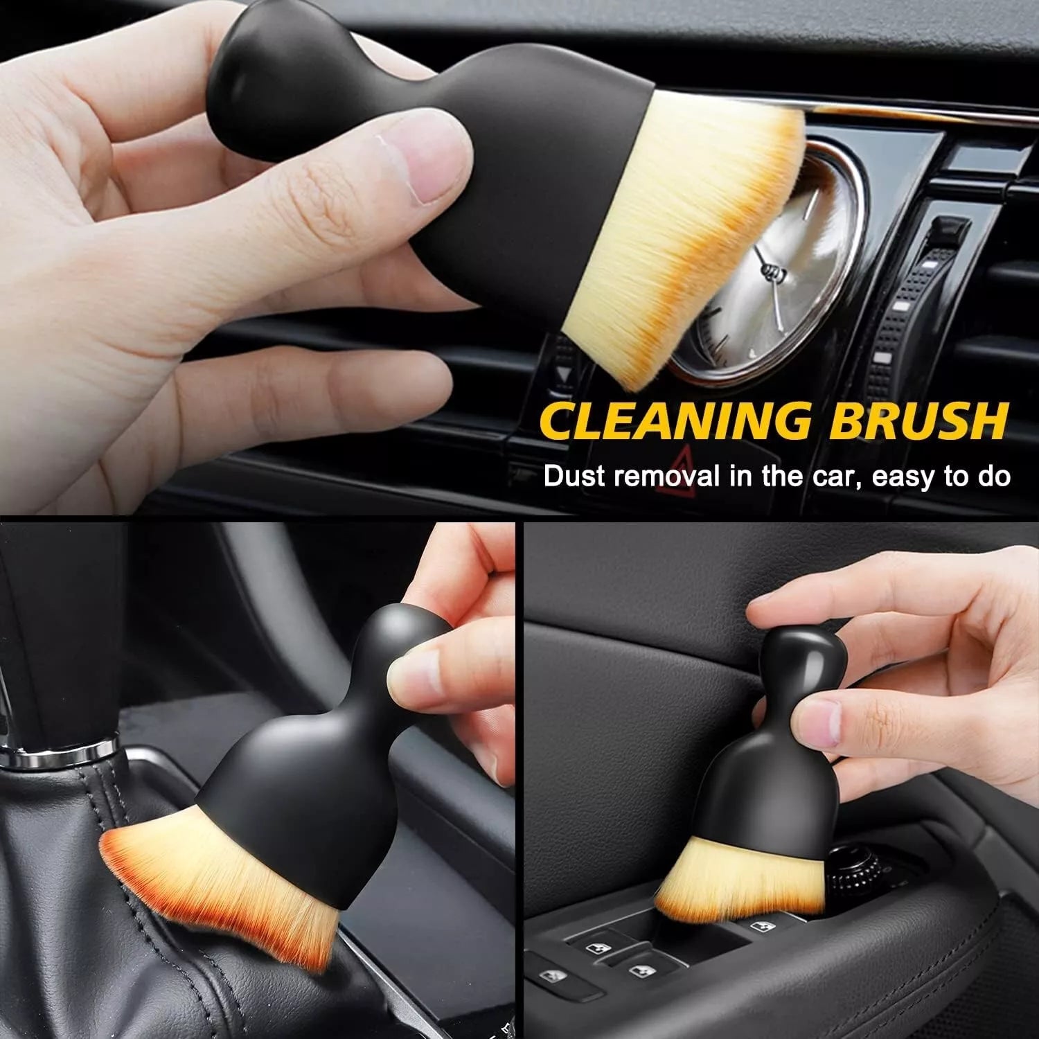 Car cleaning brush being used to remove dust from car interior components.