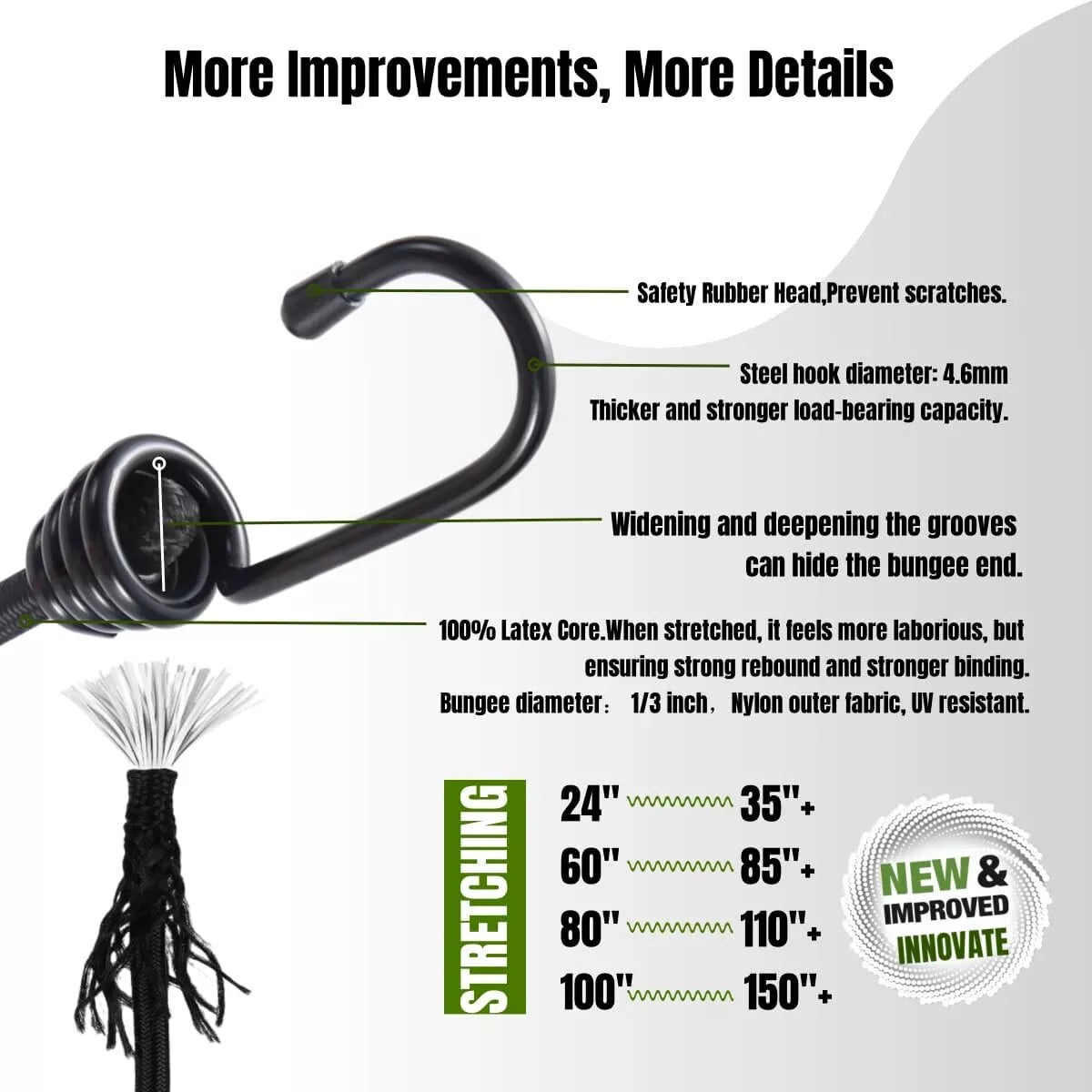 Detailed diagram of a black bungee cord with measurements and features.