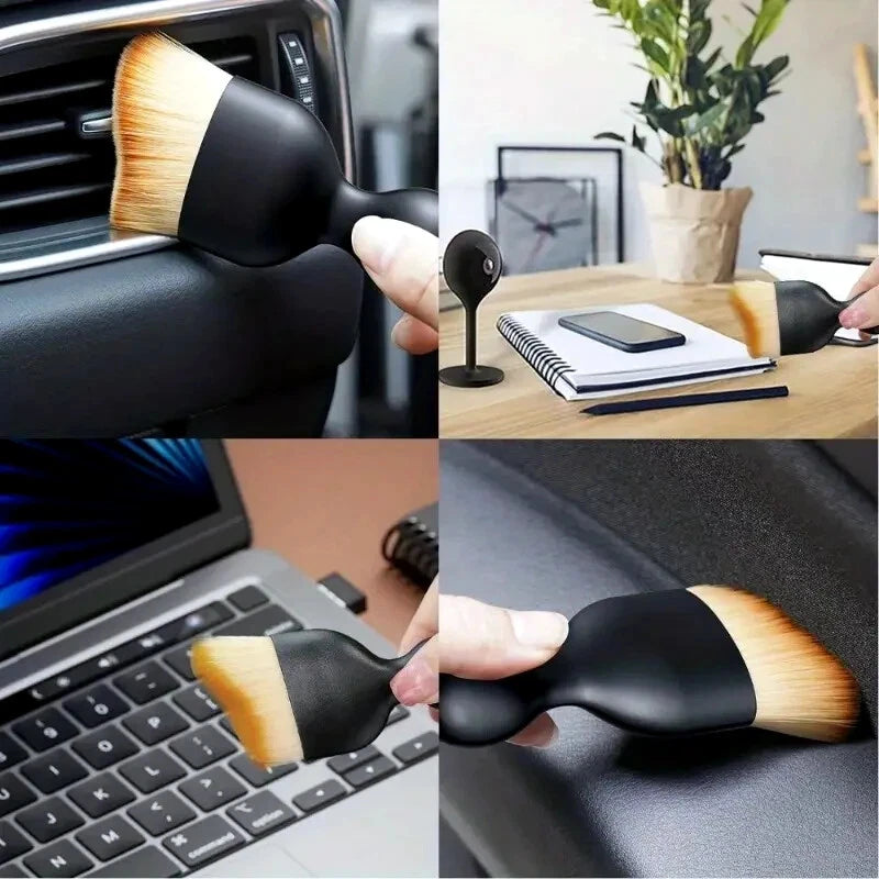 Collage of a small brush being used in various settings including car air vent, desk, and laptop.