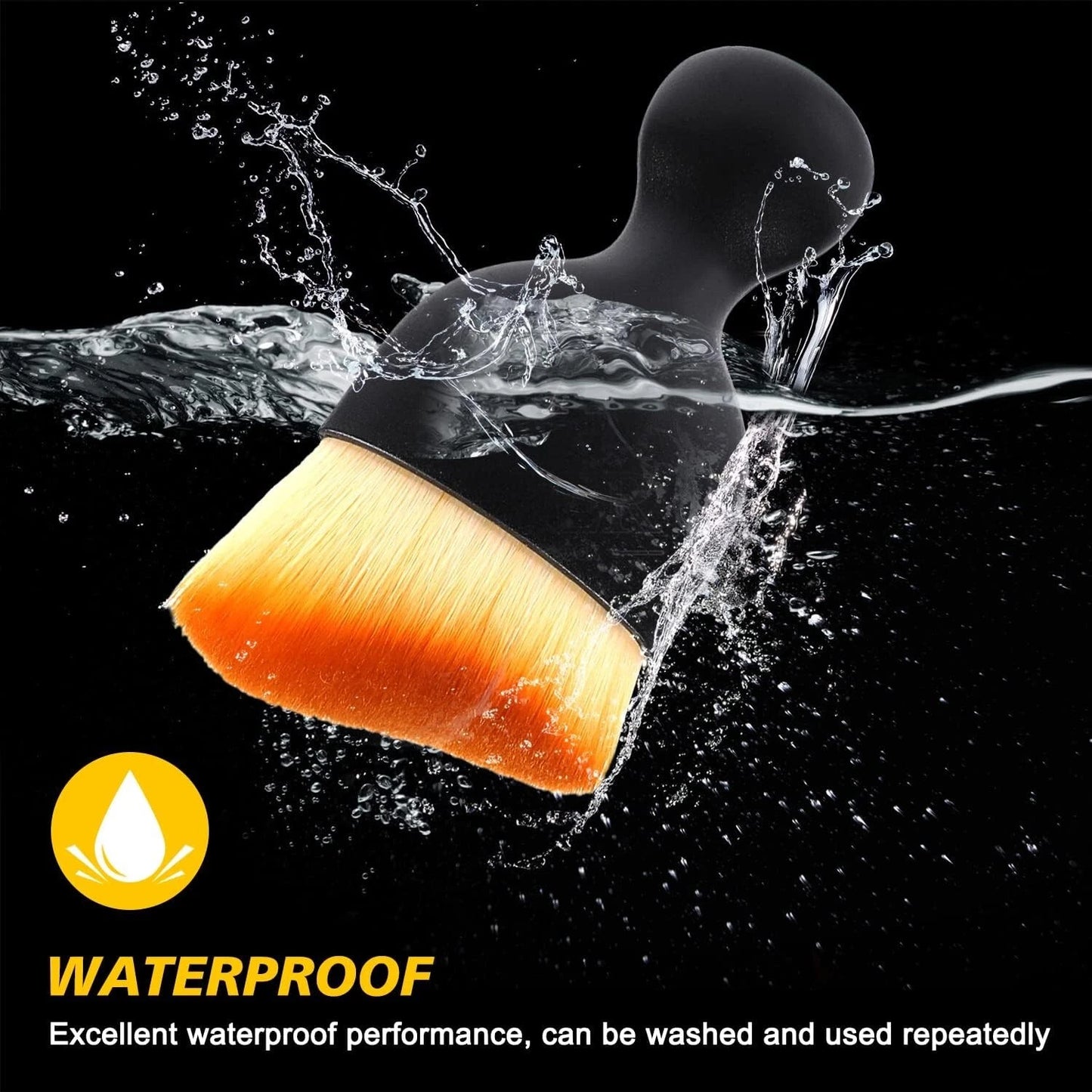 Brush with water splashes on a black background, highlighting waterproof feature.