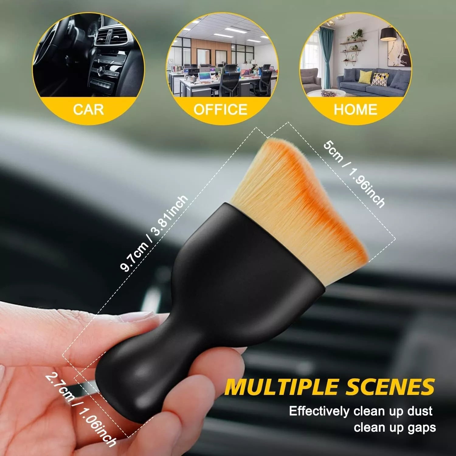 Black cleaning brush with wooden bristles held by a hand, with application scenarios shown above.