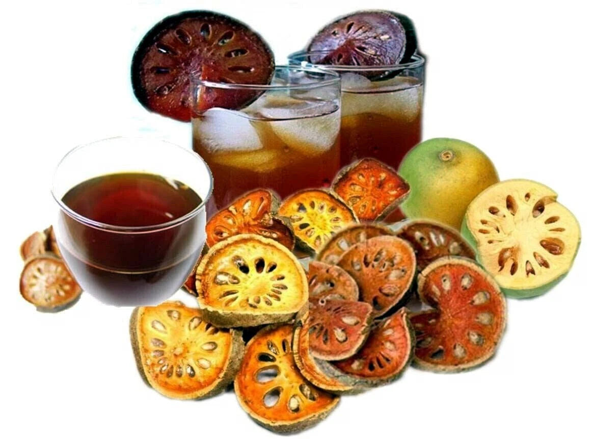 Dried Bael fruit slices with glasses of tea and iced tea on a white background