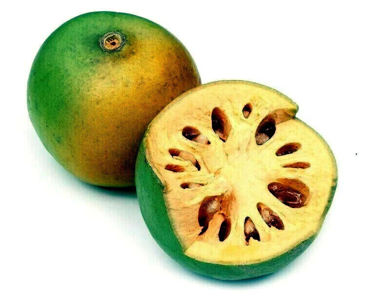 Whole and sliced Bael fruit on a white background