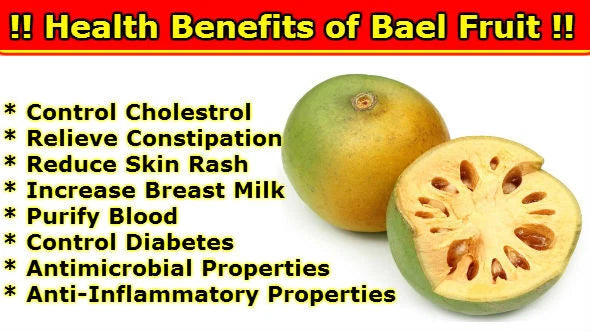 Health benefits of Bael fruit listed with an image of a whole and sliced Bael fruit.