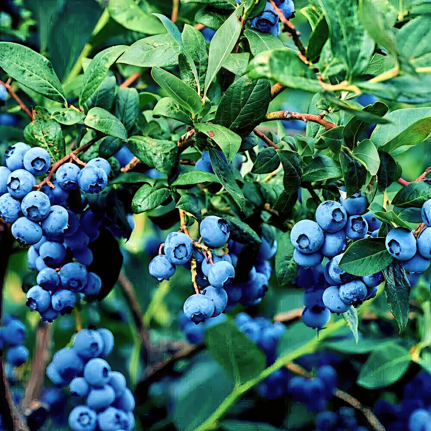 Close-up of southern highbush blueberries on a bush with green leaves