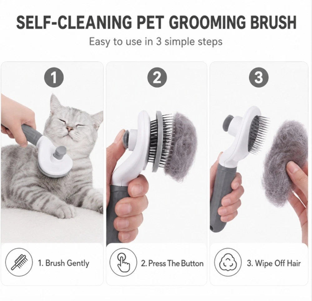 Self-cleaning pet grooming brush with step-by-step instructions and a cat using the brush.