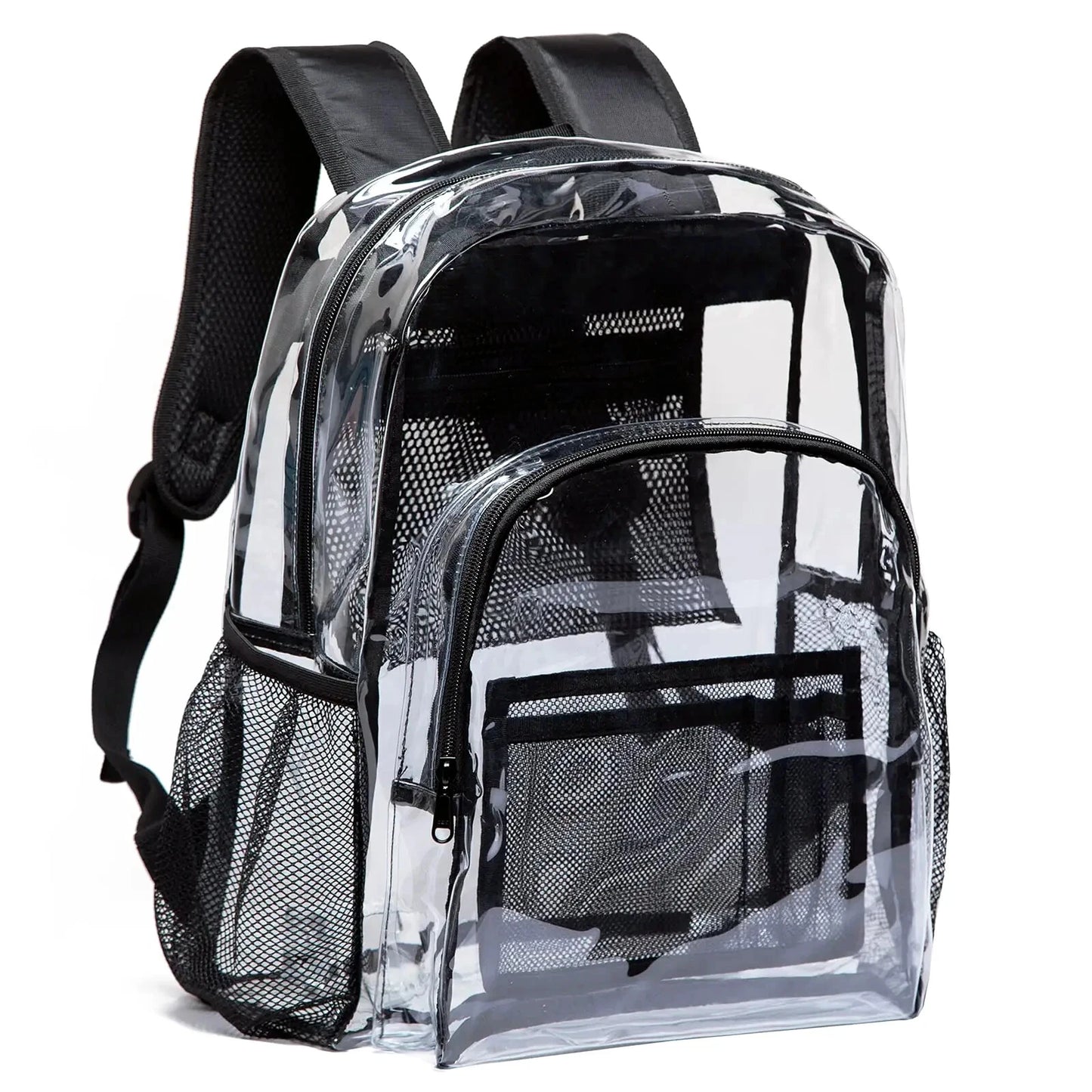 Large heavy-duty clear backpack with 0.5mm transparent PVC shown at angle with front and side view