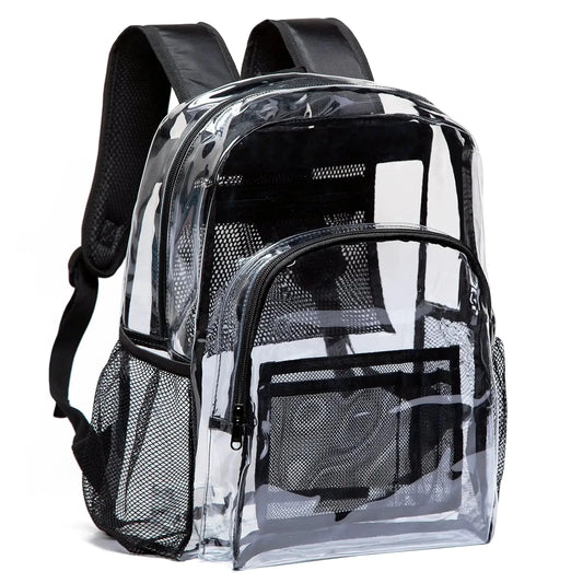 Large heavy-duty clear backpack with 0.5mm transparent PVC shown at angle with front and side view