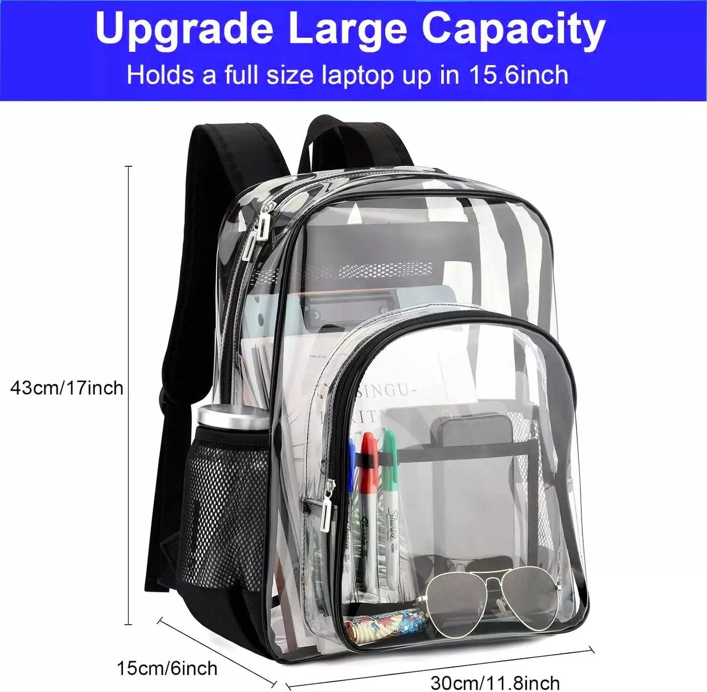 Large heavy-duty clear backpack showing dimensions and large capacity size