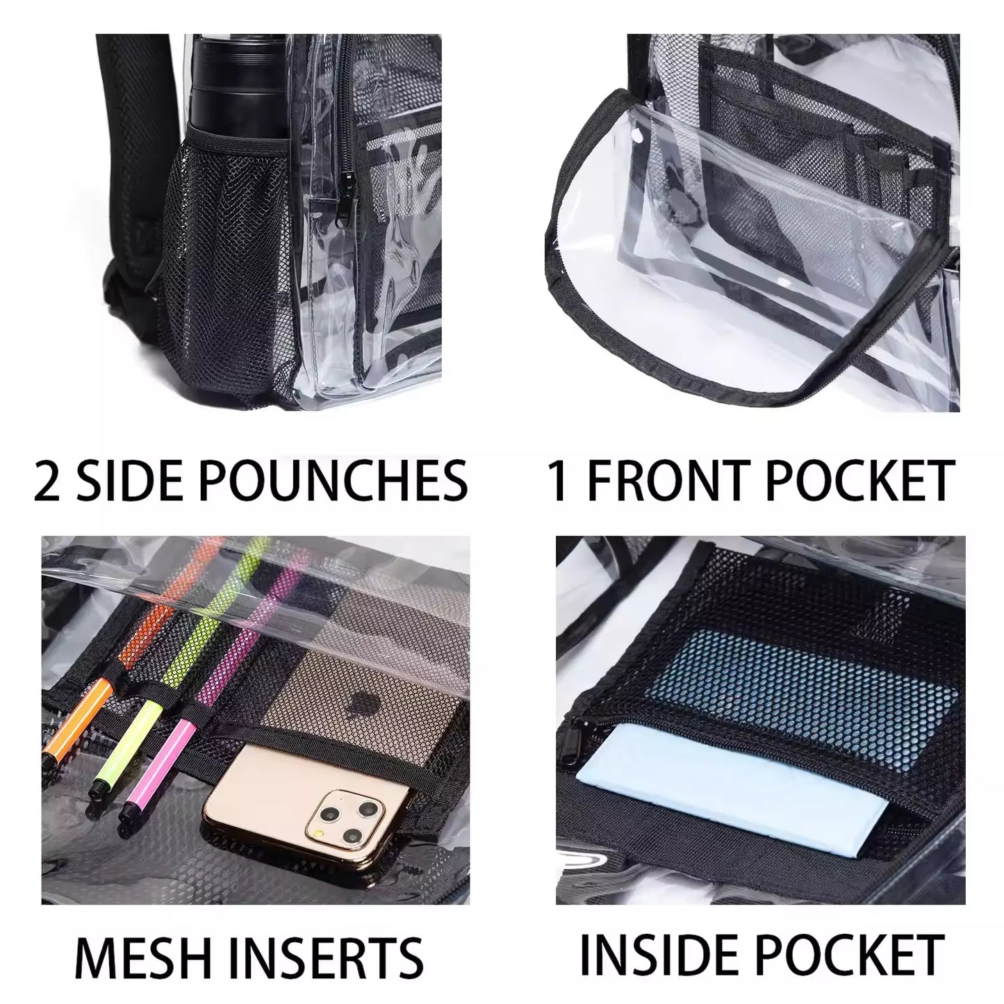 Close-up of clear backpack storage features including two side pouches, front zip pocket, mesh inserts, and interior pocket