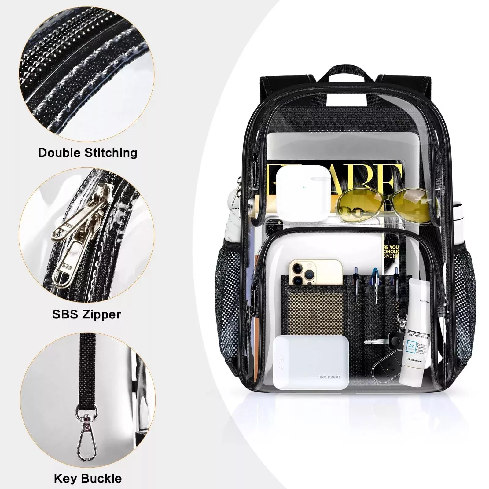 Close-up of clear backpack showing double stitching, SBS zipper, key buckle, front compartment, side pockets, and interior filled with sunglasses, phone, pens, keys, chargers, and water bottle