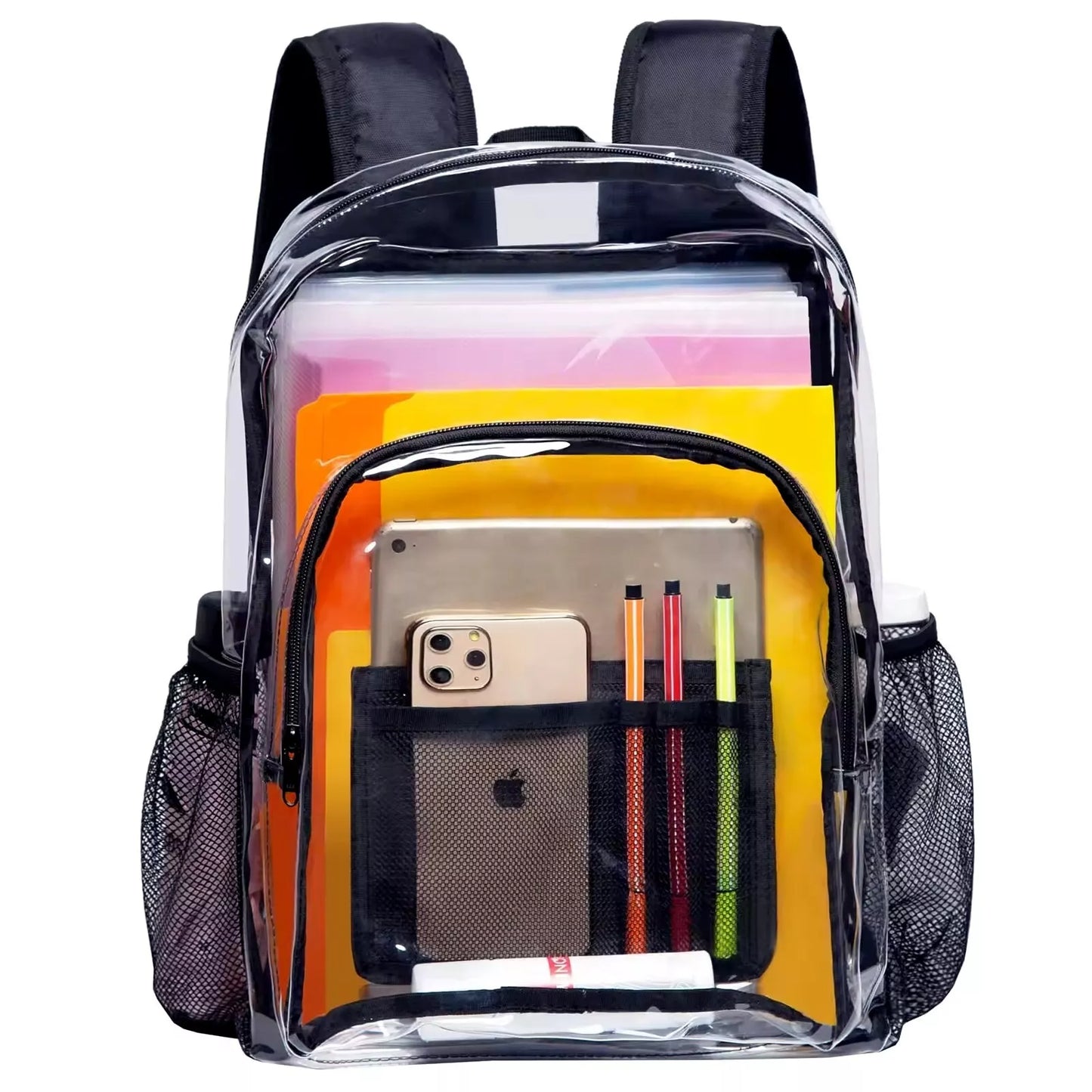 front view of clear bookbag with school supplies and cell phone