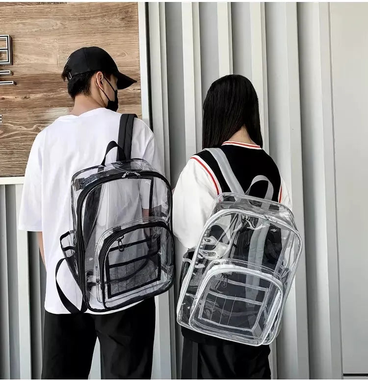 male and female wearing black and grey clear bookbags
